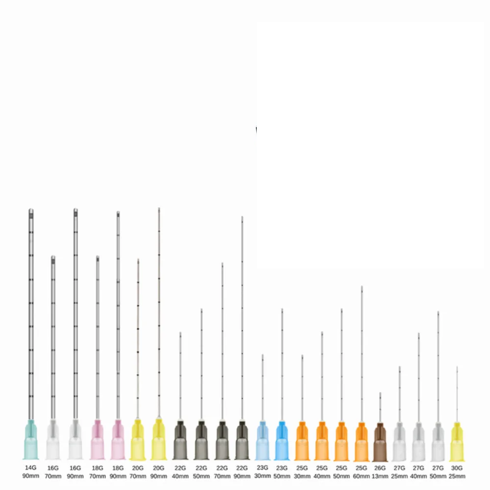Set of various needles with colored tips on a white background and sizes beneath