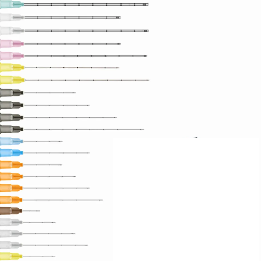Set of various sized needle instruments with colored handles on a white background